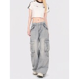 2351特P62潮牌嘻哈牛仔裤男女口袋装饰直筒工装裤宽松长裤，女装牛仔裤，电商A306A