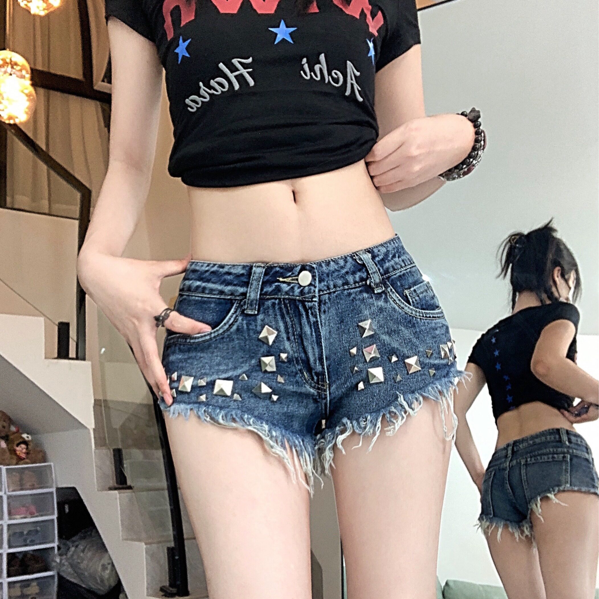 2187-P40美式辣妹复古毛边柳钉低腰牛仔超短裤女a字热裤潮,男装牛仔裤,电商A306A