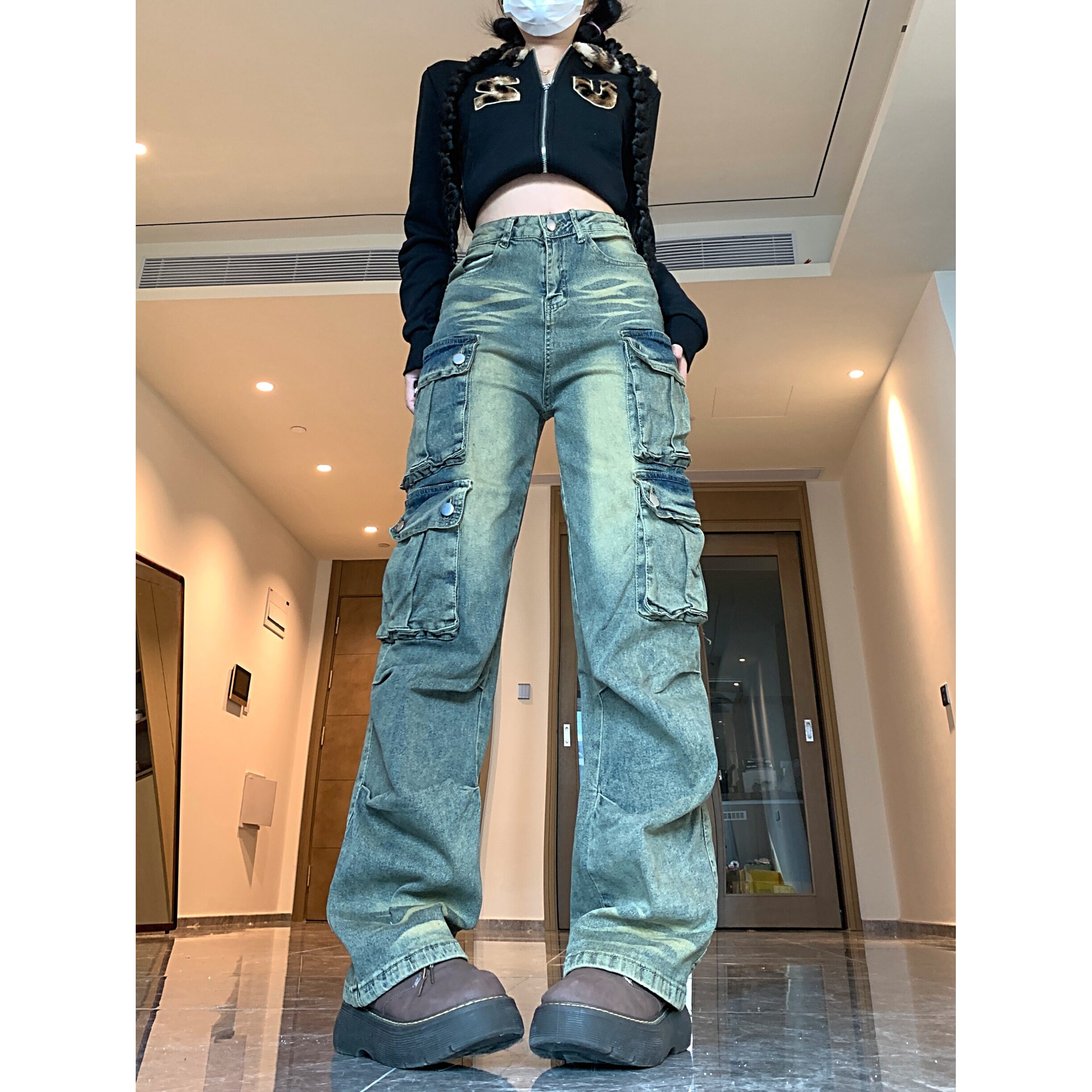 四季款工装牛仔裤男女2025新款复古废土色口袋宽松嘻哈阔腿垂感裤,女装牛仔裤,电商A306A