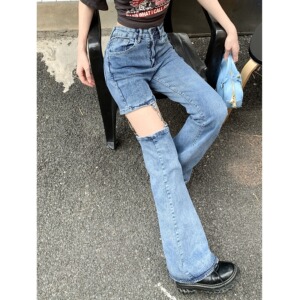 2232-P50 设计感可拆卸破洞镂空牛仔裤高腰显瘦微喇叭马蹄裤图片