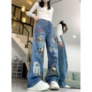 加绒加厚涂鸦印花高街牛仔裤女设计感高腰宽松阔腿裤图片