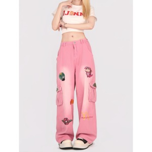 2004特P62 趣味卡通刺绣工装牛仔裤女宽松显瘦拖地阔腿直筒裤,女装牛仔裤,电商A306A