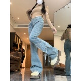 2025四季新款辣妹复古微喇叭牛仔裤女款高腰显瘦毛边直筒长裤，女装牛仔裤，电商A306A