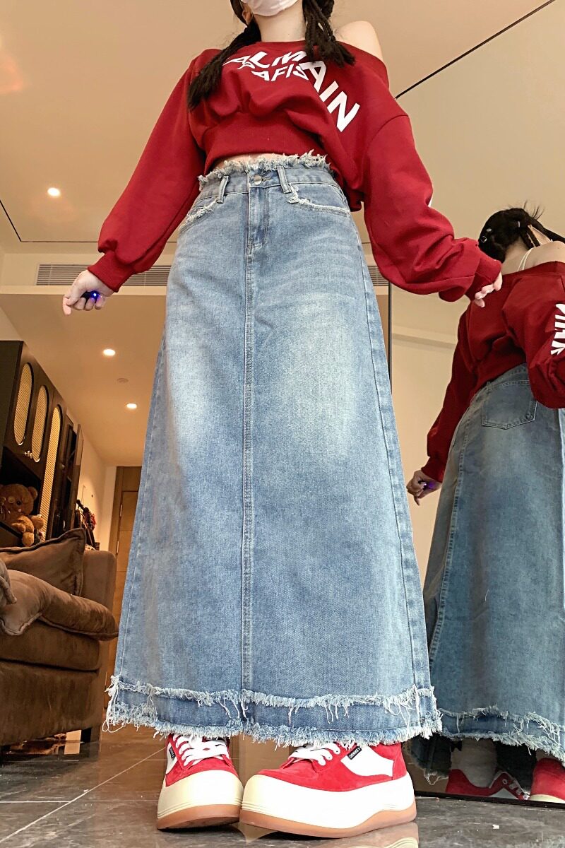 7828-P40复古牛仔半身裙女高档垂坠感显瘦梨形身材中长款,女装半身裙,电商A306A
