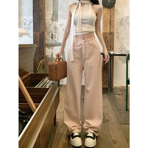 2198-P48 粉色烫钻直筒牛仔裤女高腰显瘦宽松阔腿拖地长裤子图片