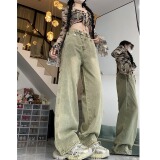 四季新款高腰水洗做旧牛仔裤直筒拖地裤女美式高街复古阔腿长裤，男装牛仔裤，电商A306A