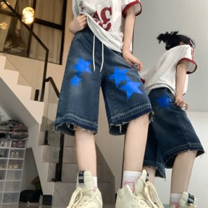 8418-P42 美式高街五分裤女嘻哈潮牌宽松直筒阔腿牛仔中裤图片