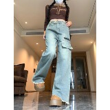 2025四季新款毛边工装牛仔裤女简约高腰直筒宽松阔腿拖地裤子，男装牛仔裤，电商A306A
