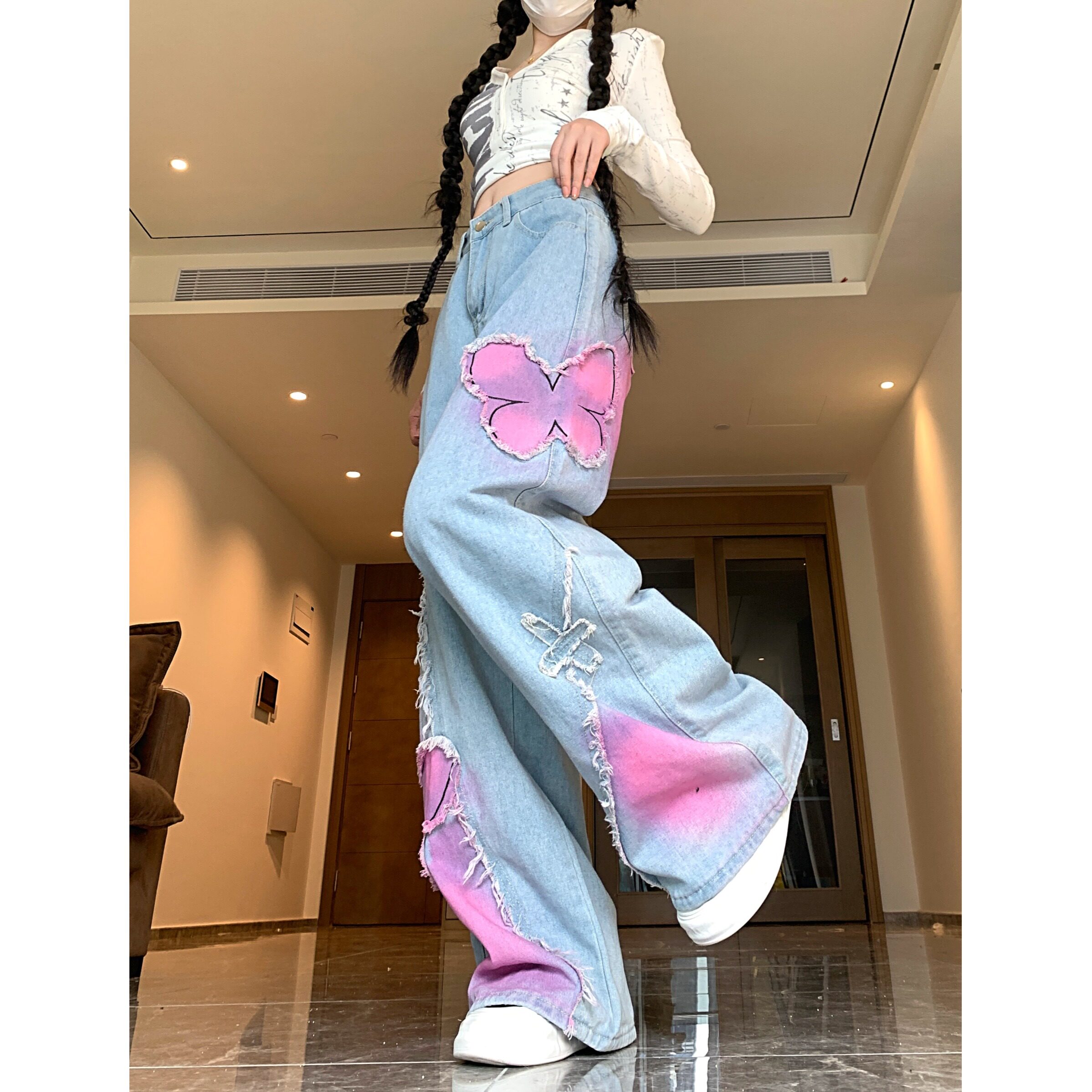 四季2025新款复古蝴蝶刺绣设计感毛边牛仔裤女甜酷直筒裤,男装牛仔裤,电商A306A