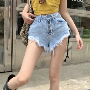 2259-P40 辣妹绑带牛仔裤女夏截图大码夜总店超a字毛边短裤图片