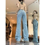 2025四季新款辣妹复古微喇叭牛仔裤女款高腰显瘦毛边直筒长裤，女装牛仔裤，电商A306A