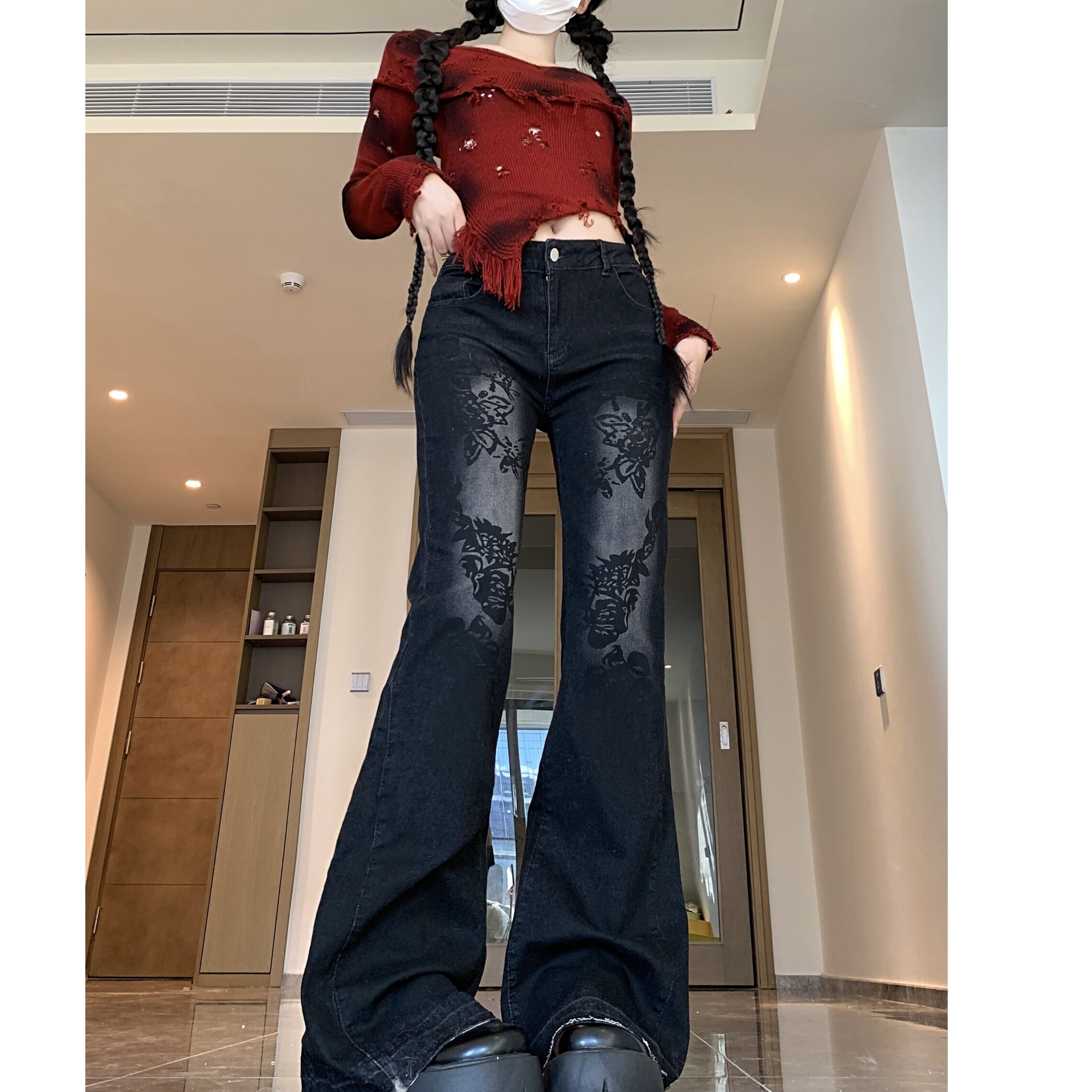 四季20254新款欧美植物印花洗水低腰显瘦喇叭牛仔裤潮,男装牛仔裤,电商A306A