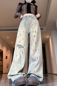 2025春夏新款欧美复古泼墨破洞牛仔裤子女夏季2025新款阔腿长裤图片