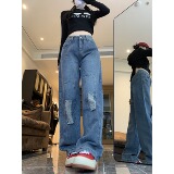 2025四季新款美式高街ins复古破洞牛仔裤子直筒裤宽松阔腿裤女，女装牛仔裤，电商A306A