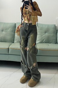 2025春夏美式街头高腰牛仔裤百搭直筒长裤小众设计感镂空阔腿裤图片