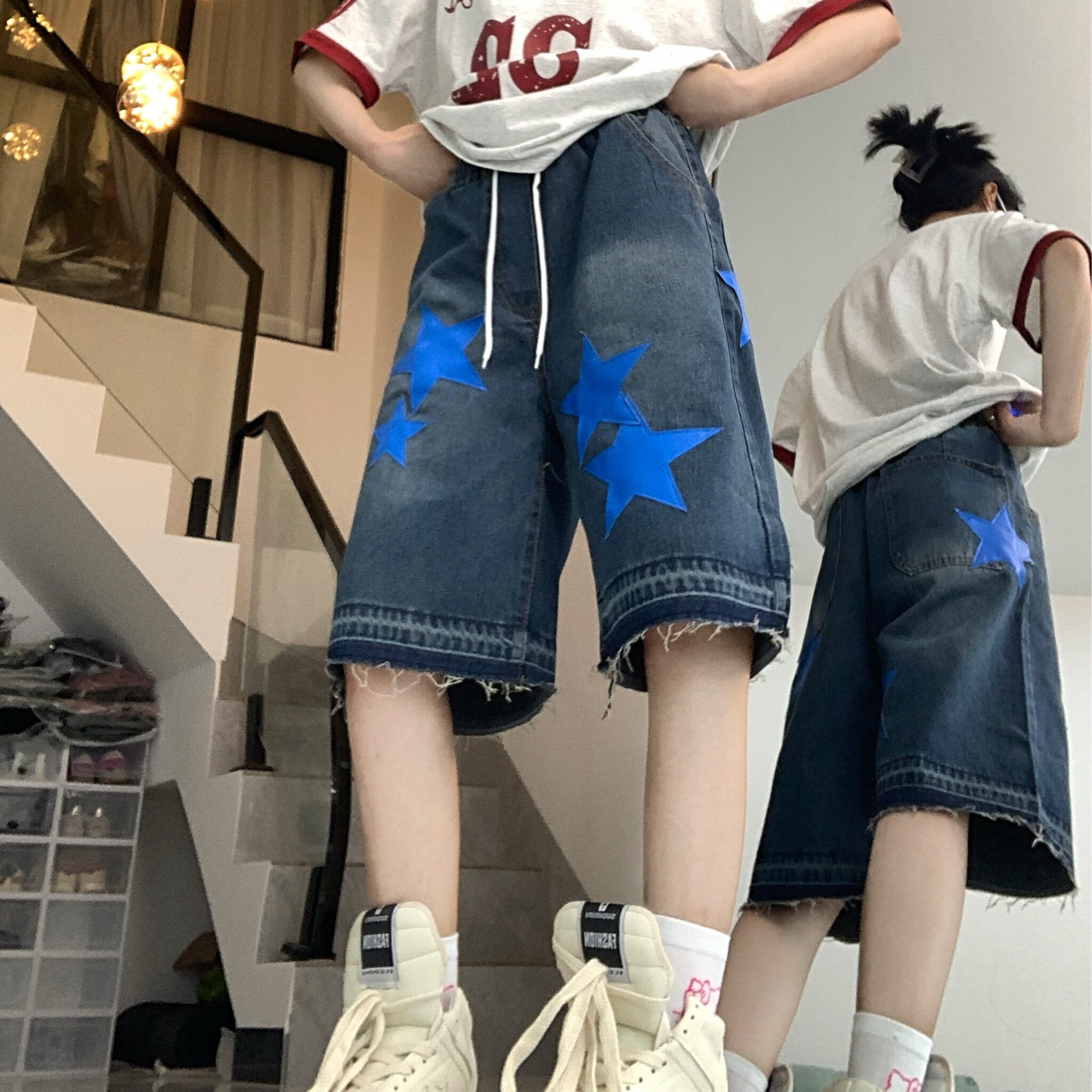 8418-P42美式高街五分裤女嘻哈潮牌宽松直筒阔腿牛仔中裤,女装牛仔裤,电商A306A