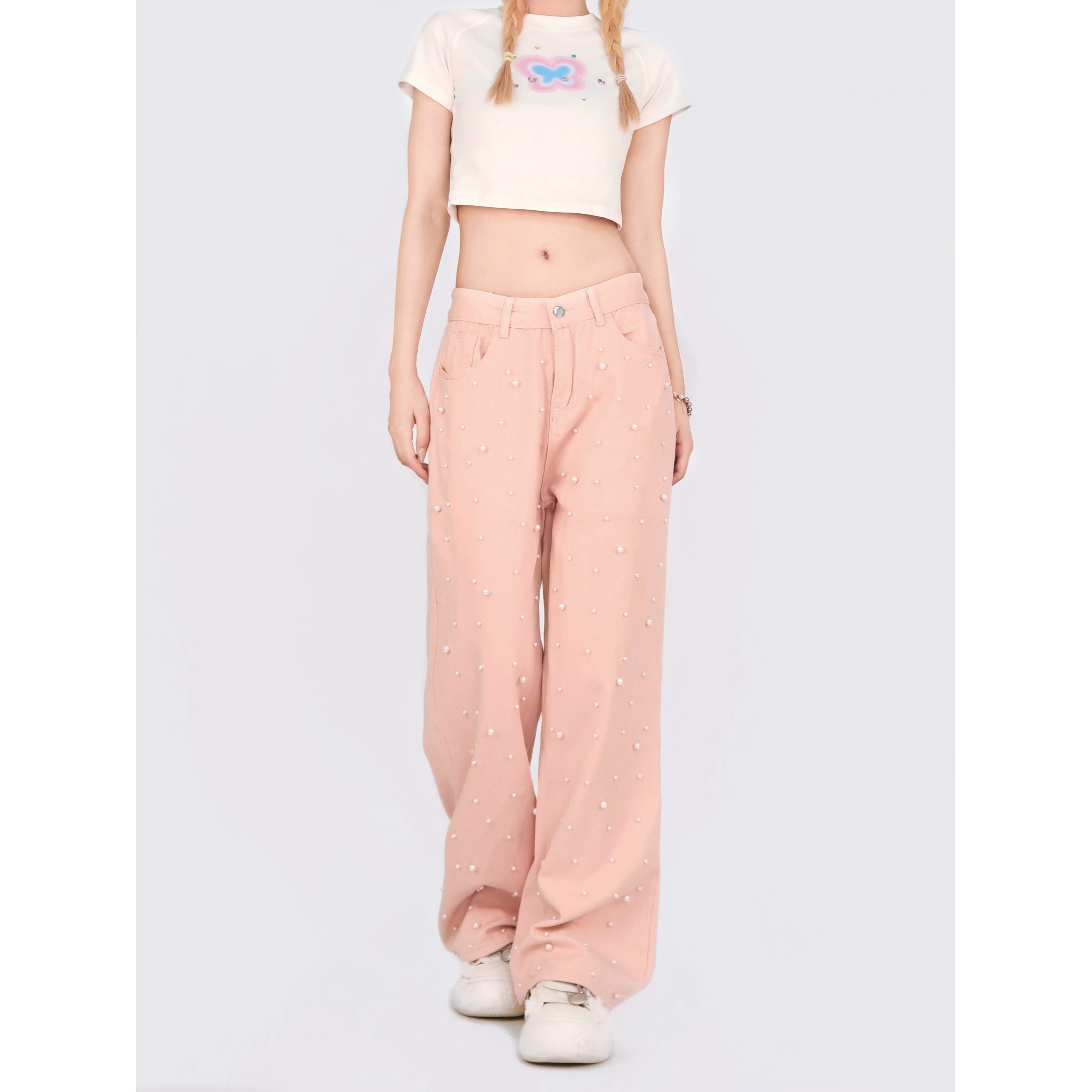 2199-P48美式复古珍珠钉珠牛仔裤女水洗粉色拖地长裤直筒裤，女装牛仔裤，电商A306A