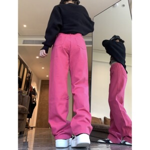 2025春季玫红色裤子高街潮玫红色牛仔裤女简约直筒裤子潮图片