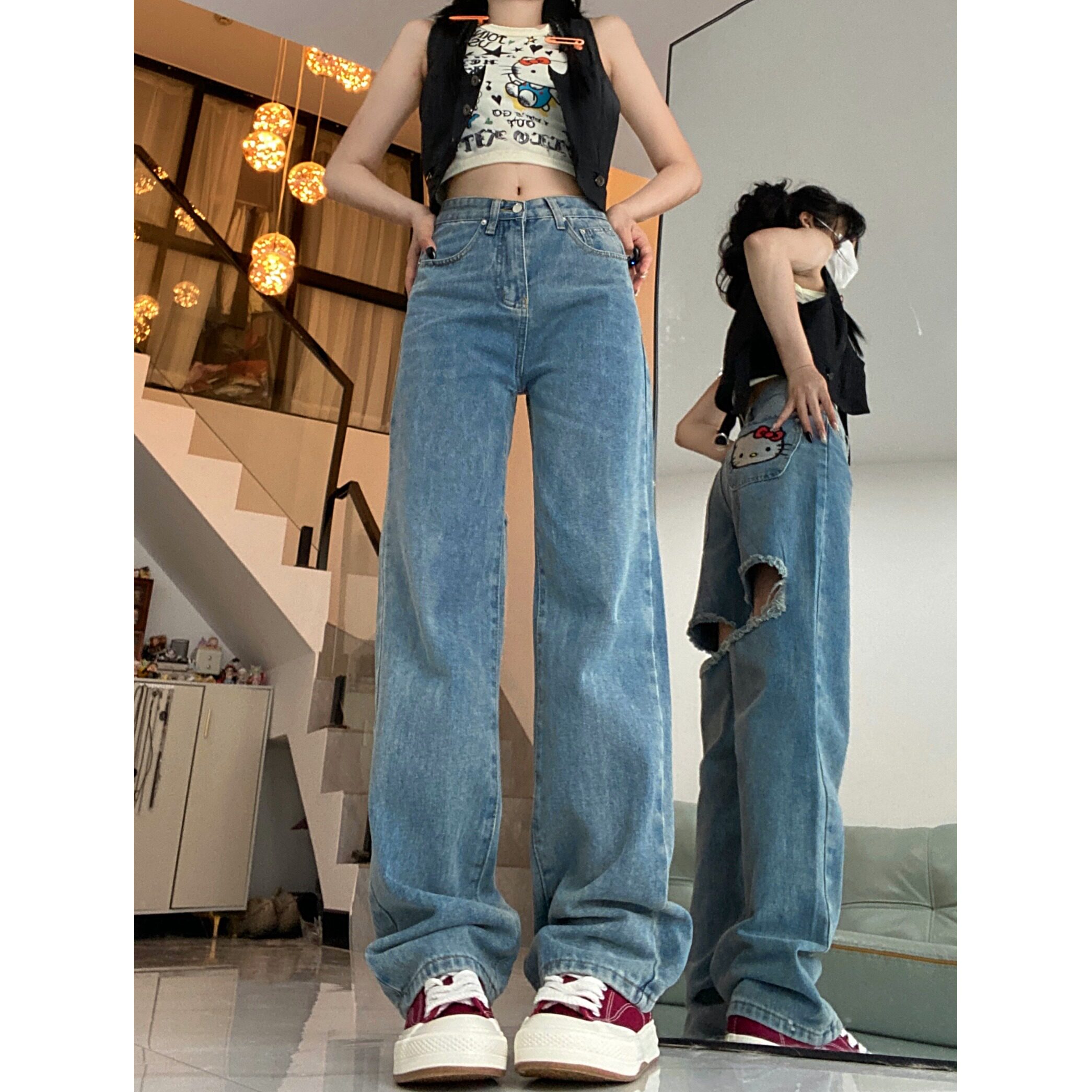 2025新款美式复古潮牌KT猫甜辣刺绣破洞牛仔阔腿裤宽松拖地裤,女装牛仔裤,电商A306A