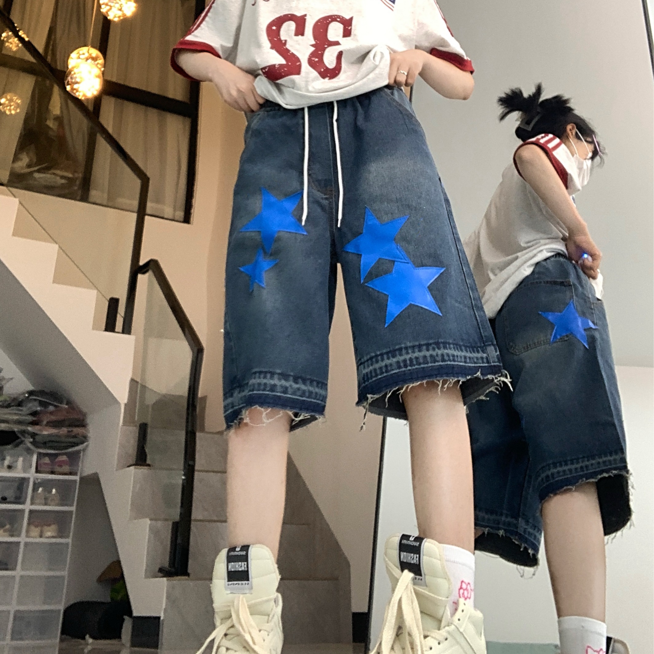 8418-P42美式高街五分裤女嘻哈潮牌宽松直筒阔腿牛仔中裤，女装牛仔裤，电商A306A