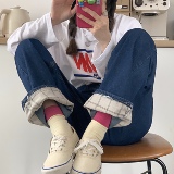 热卖推荐春秋新款学院风高腰显瘦阔腿裤牛仔裤女长裤3053-P38，女装牛仔裤，电商A306A