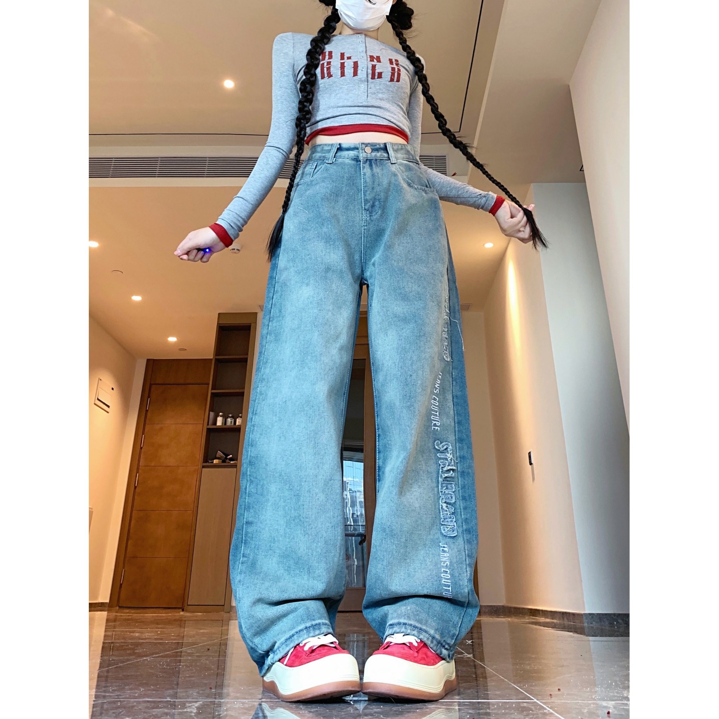 四季2025新款牛仔阔腿裤子女秋ins小众拼接高腰直筒垂感拖地裤，女装牛仔裤，电商A306A