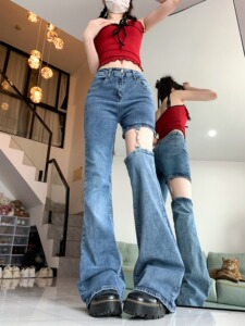 复古破洞喇叭街头高腰显瘦修身辣妹微喇牛仔裤女 A306A- 2232P50图片