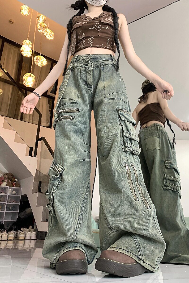 四季2025新款设计感多口袋重工铆钉牛仔裤子复古hiphop嘻哈长裤,男装牛仔裤,电商A306A