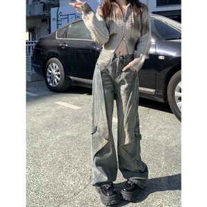 60621-P58 美式高街复古形微喇叭牛仔裤女高腰宽松垂感阔图片