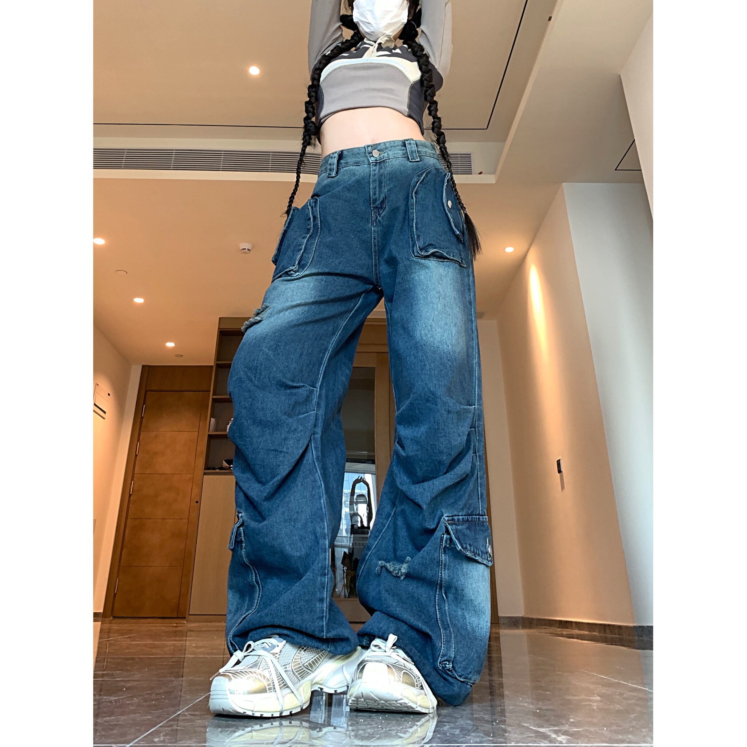 四季2025新款多口袋高街美式工装牛仔裤女阔腿宽松潮牌小众裤子,女装牛仔裤,电商A306A