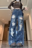 2025新款慵懒松弛感裤子女美式复古高街阔腿破洞乞丐牛仔裤，女装牛仔裤，电商A306A