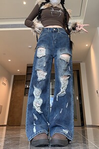 2025新款慵懒松弛感裤子女美式复古高街阔腿破洞乞丐牛仔裤图片