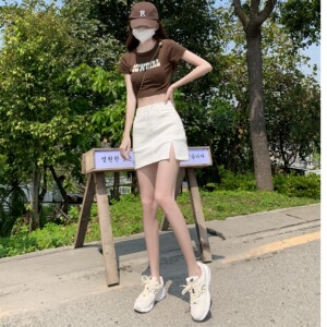 7575-P33 A字半身裙春季高腰开叉牛仔包臀短裙防走光百搭显瘦裤裙图片