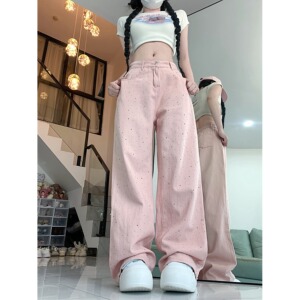 2198-P48 粉色烫钻直筒牛仔裤女设计感高腰显瘦宽松阔腿裤子图片