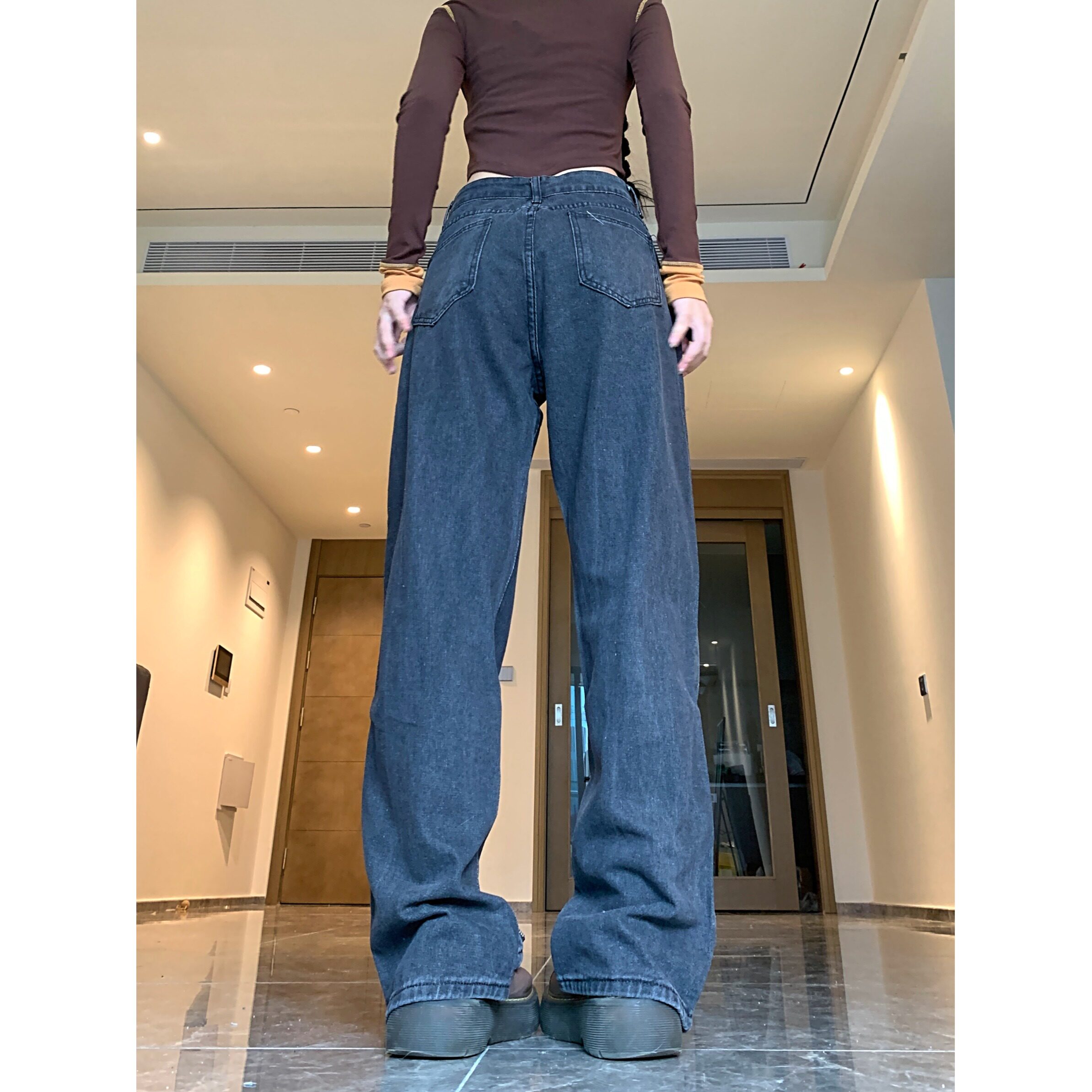 四季款2025美式拉链棋盘格牛仔裤女秋季高街高腰显瘦直筒裤,女装牛仔裤,电商A306A