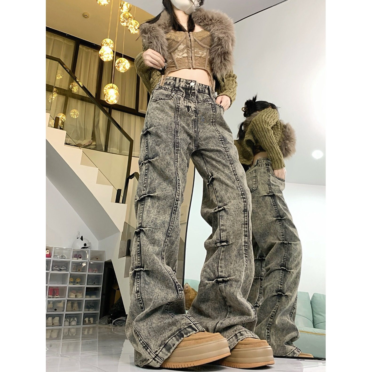 四季2025新款复古做旧废土风水洗牛仔裤侧边褶皱微喇叭休闲裤，女装牛仔裤，电商A306A