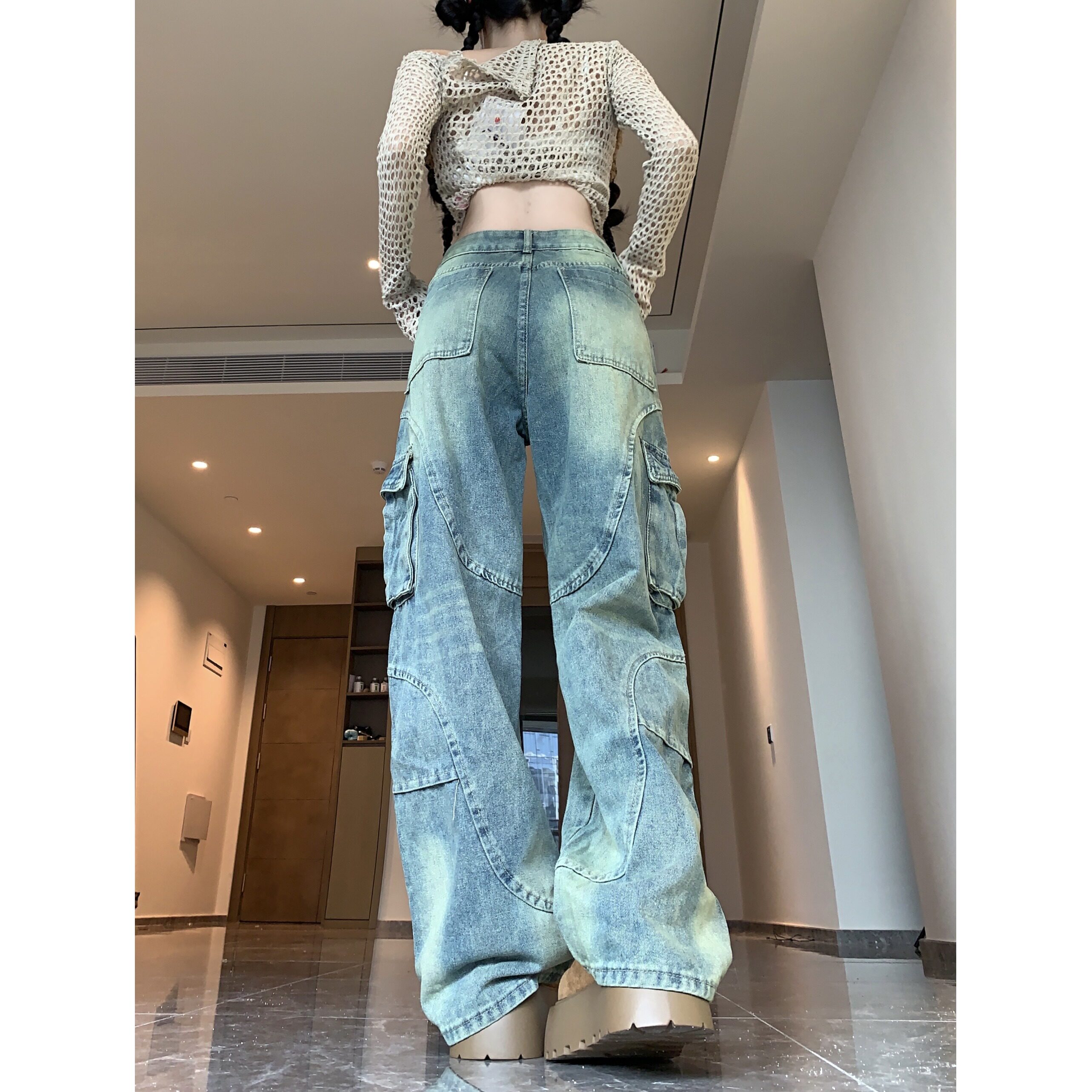 四季水洗复古口袋工装牛仔裤女2025新款直筒牛仔裤街头设计感裤,女装牛仔裤,电商A306A