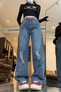 2025四季新款美式高街ins复古破洞牛仔裤子直筒裤宽松阔腿裤女图片