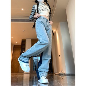 8634-P46四季款辣妹高腰牛仔裤女宽松直筒显瘦设计感刺绣阔腿裤图片