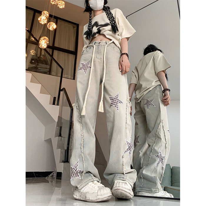 6044-P42特 小众设计感星星美式街头牛仔裤女潮高街复古直筒裤图片