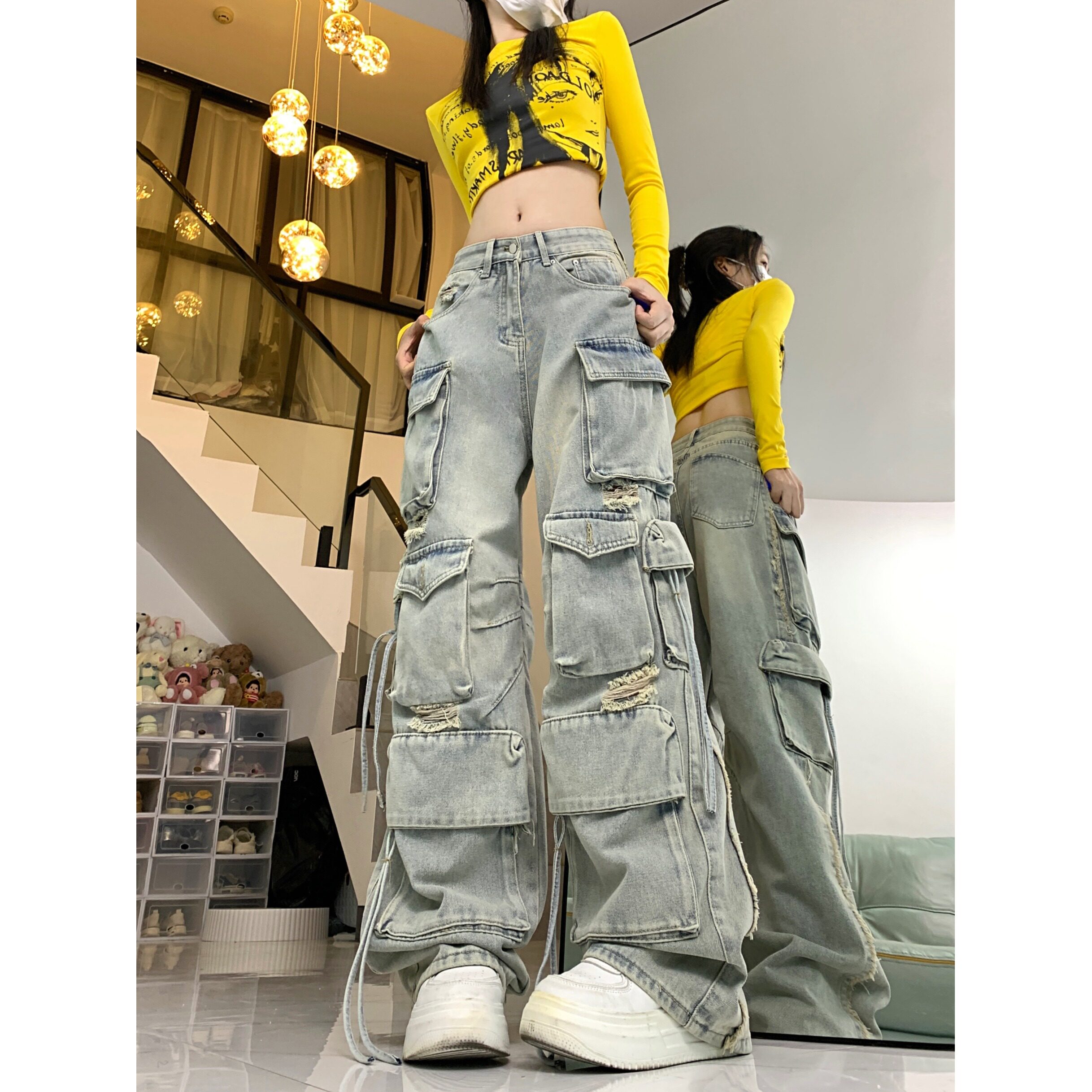 四季2025高街工装裤美式辣妹重工阔腿拖地牛仔裤高腰宽松直筒裤,男装牛仔裤,电商A306A