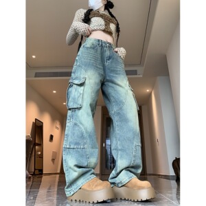 四季水洗复古口袋工装牛仔裤女2025新款直筒牛仔裤街头设计感裤图片