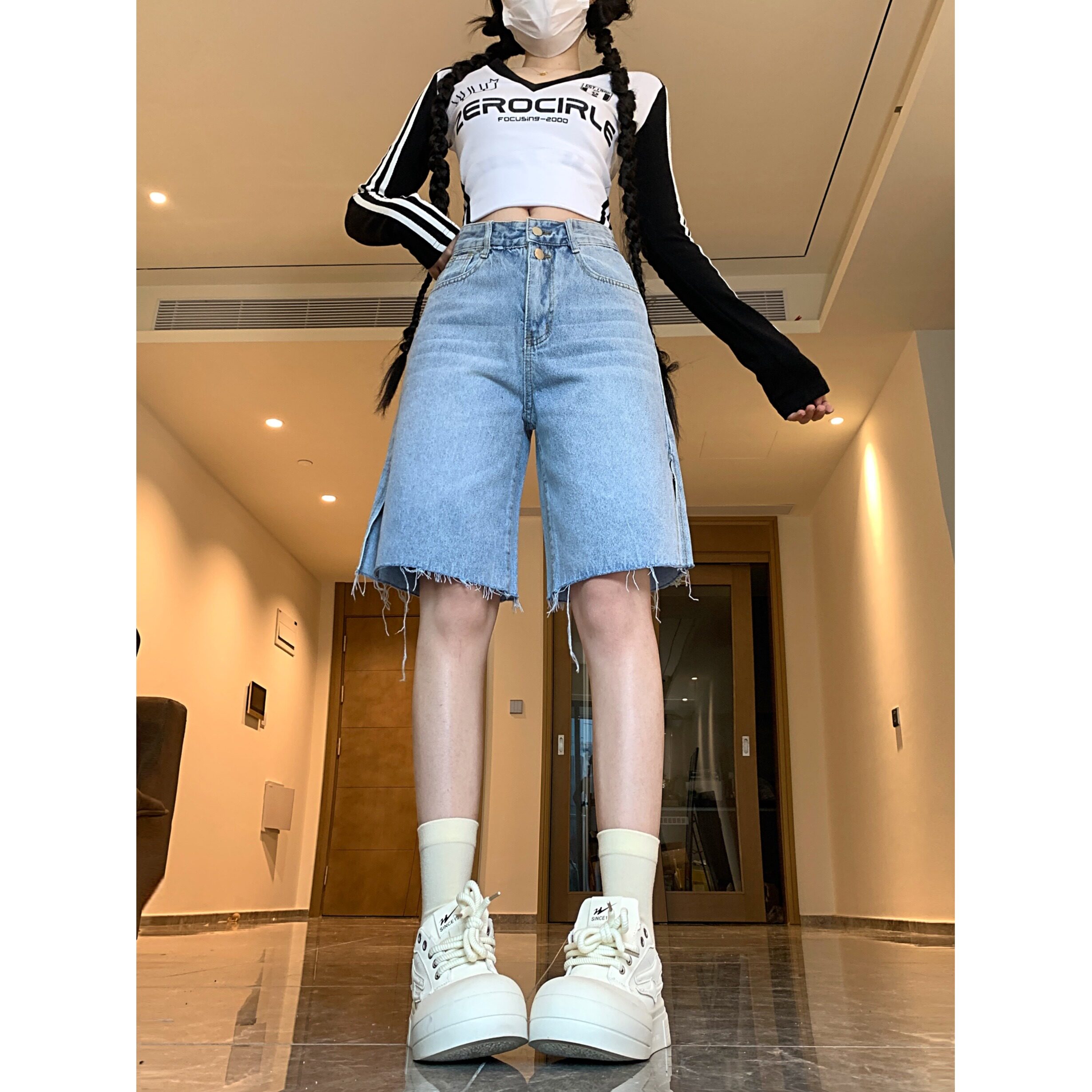 2025春夏季新款chic宽松显瘦开叉五分裤短裤热裤女,男装牛仔裤,电商A306A