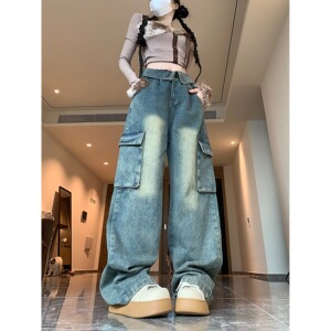 现货秒发！高街美式翻边大口袋工装牛仔裤女复古宽松直筒阔腿裤潮图片