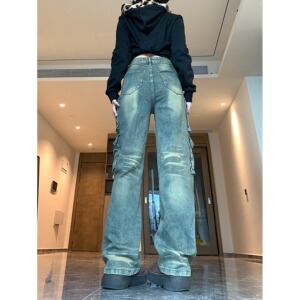 四季款工装牛仔裤男女2025新款复古废土色口袋宽松嘻哈阔腿垂感裤图片