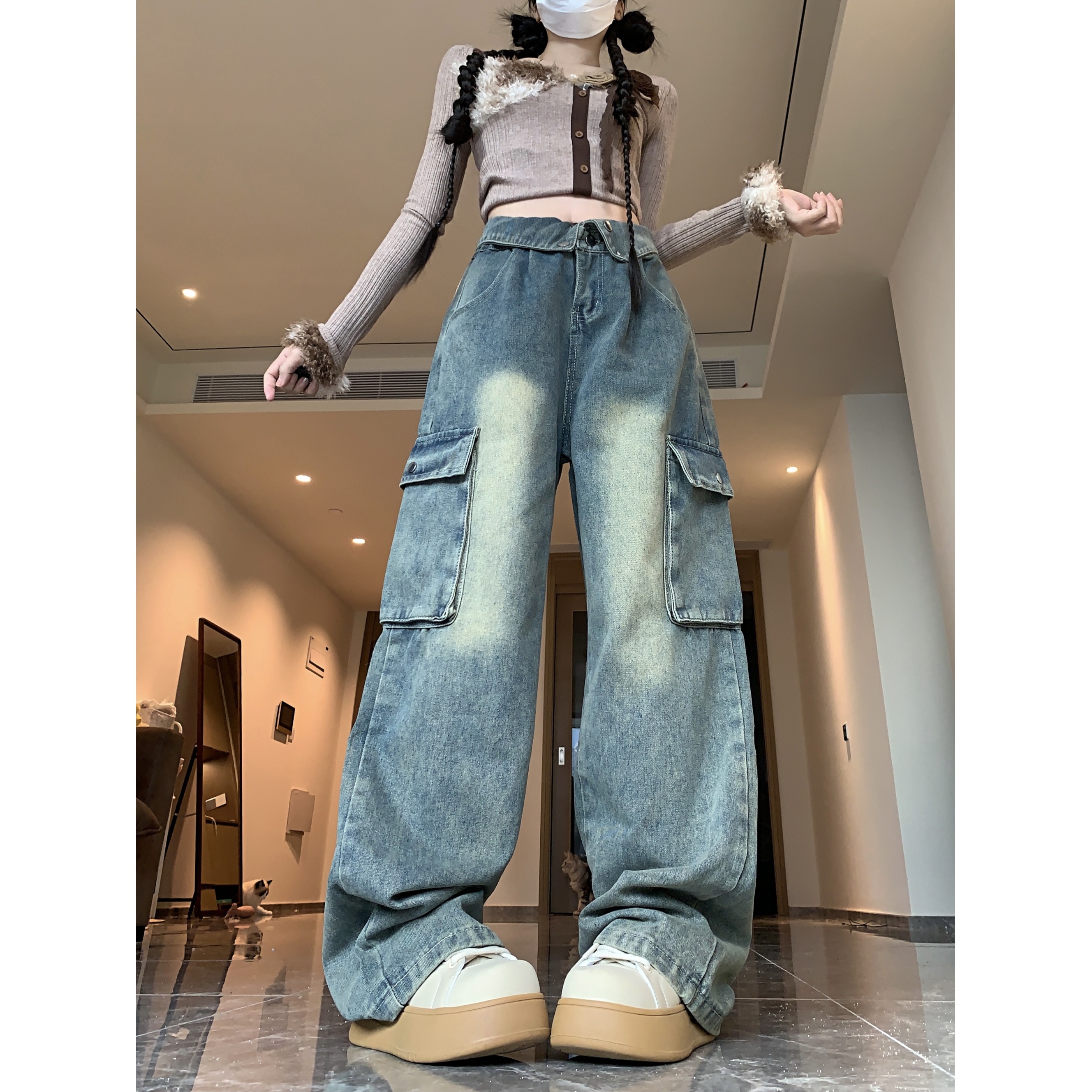 现货秒发！高街美式翻边大口袋工装牛仔裤女复古宽松直筒阔腿裤潮，女装牛仔裤，电商A306A