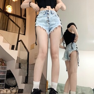 2259-P40 辣妹绑带牛仔裤女夏截图大码夜总店超a字毛边短裤图片