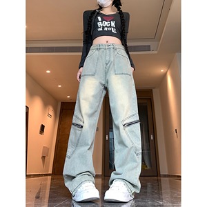 7992-P48四季款复古直筒水洗做旧工装裤高腰显瘦牛仔裤子女长裤