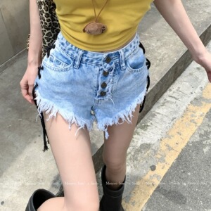 2259-P40 辣妹绑带牛仔裤女夏截图大码夜总店超a字毛边短裤图片