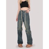7775-P40复古设小众高腰毛边牛仔裤女高街宽松显瘦直筒长裤，女装牛仔裤，电商A306A